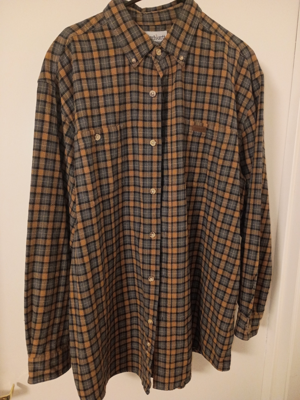 Carhartt Men's Plaid Button-Down Shirt in Tan and Gray